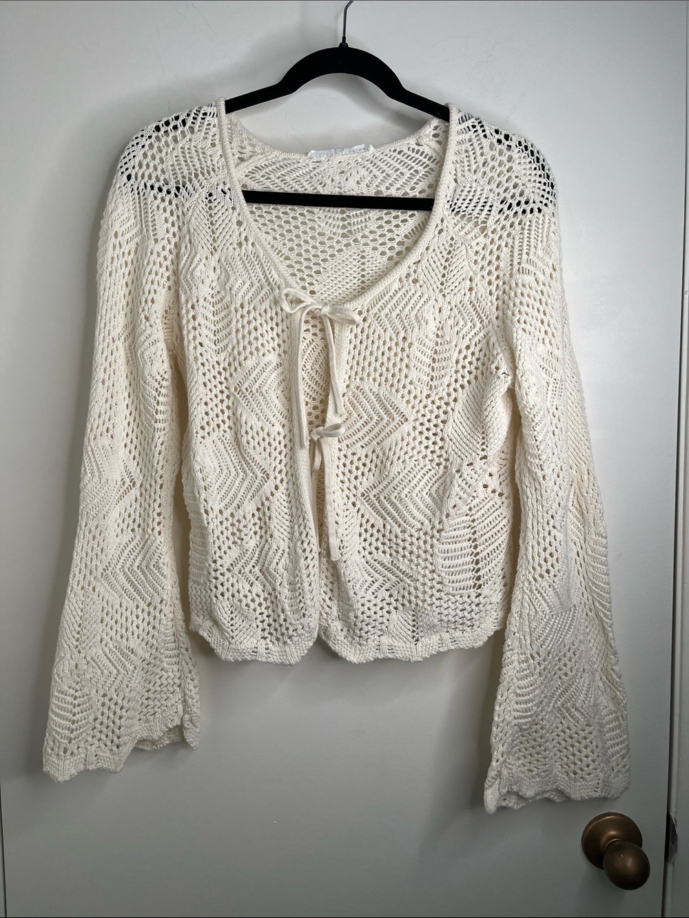 Y2K Knit Crop Cardigan Cream Tie Front Bell Sleeve Medium Festival Boho Cotton